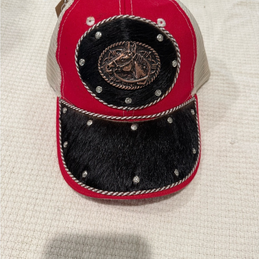 Red and Black Women's Hat with Horse Emblem